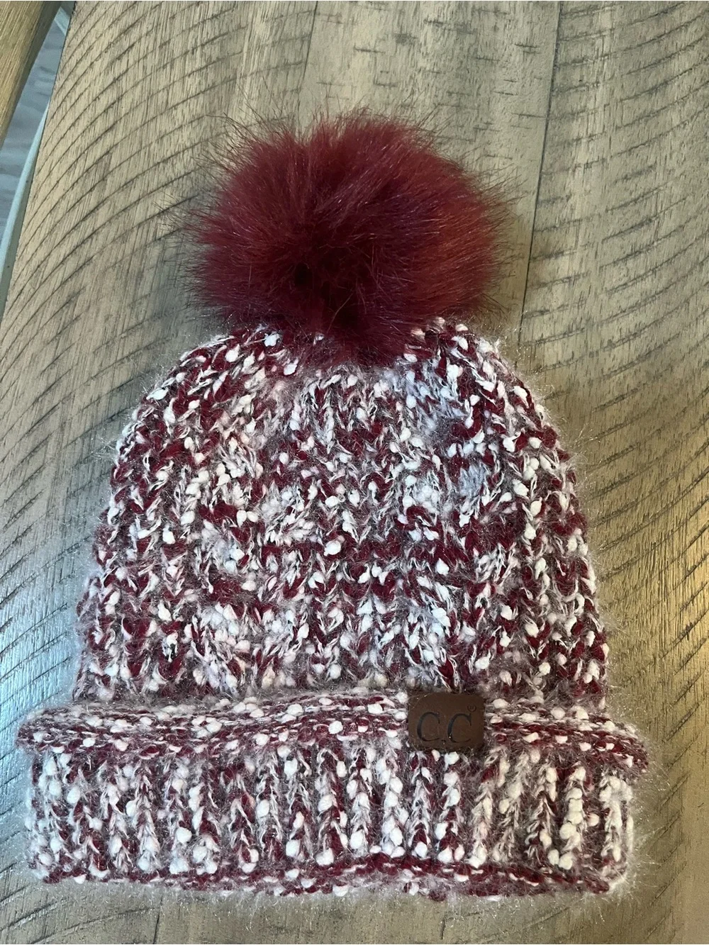 Maroon and White Knit Pom Beanie